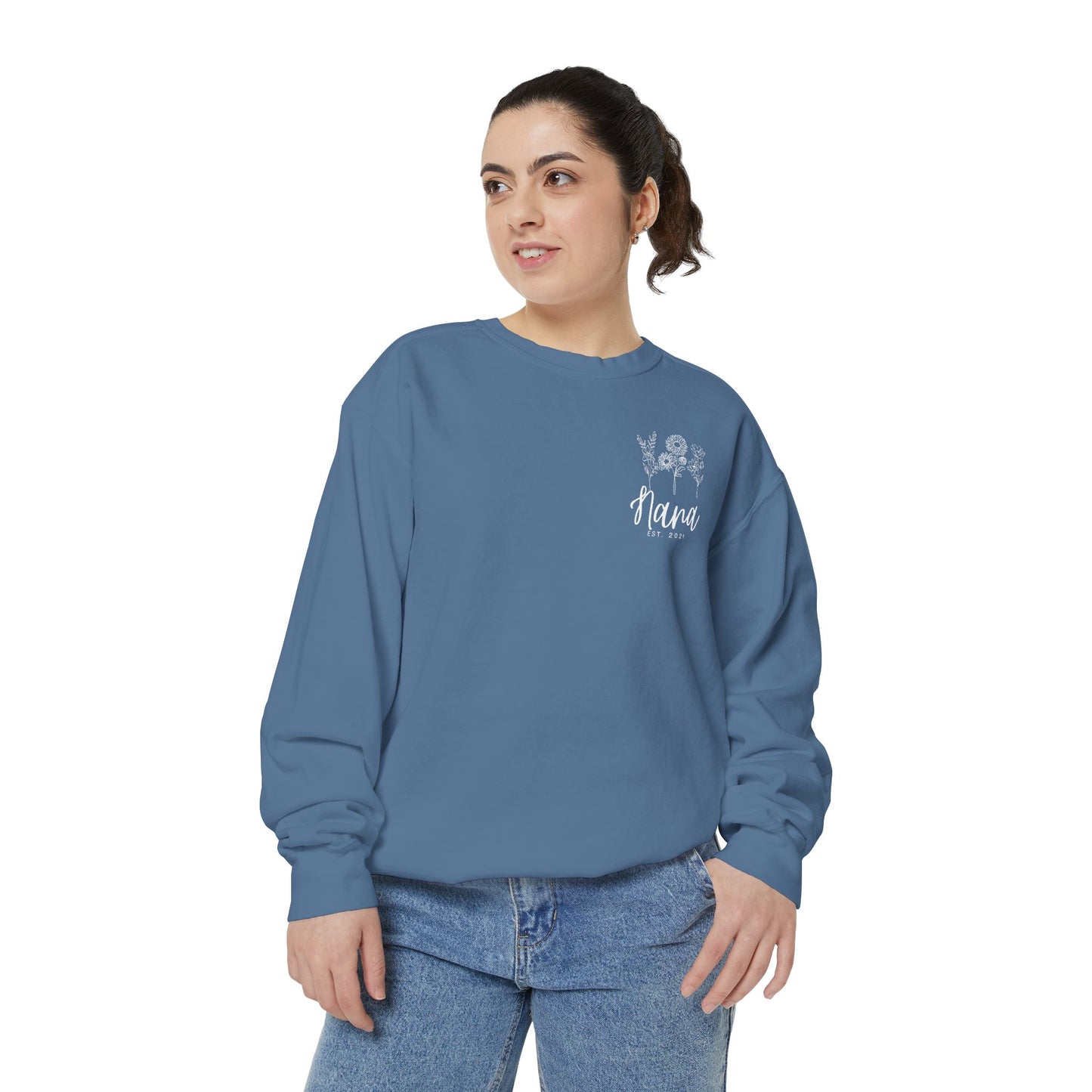 Screen Printed Design Mother's Day Crewneck Sweatshirt with Custom Printed Birth Flowers - Unisex Garment-Dyed Style- Multiple Colors