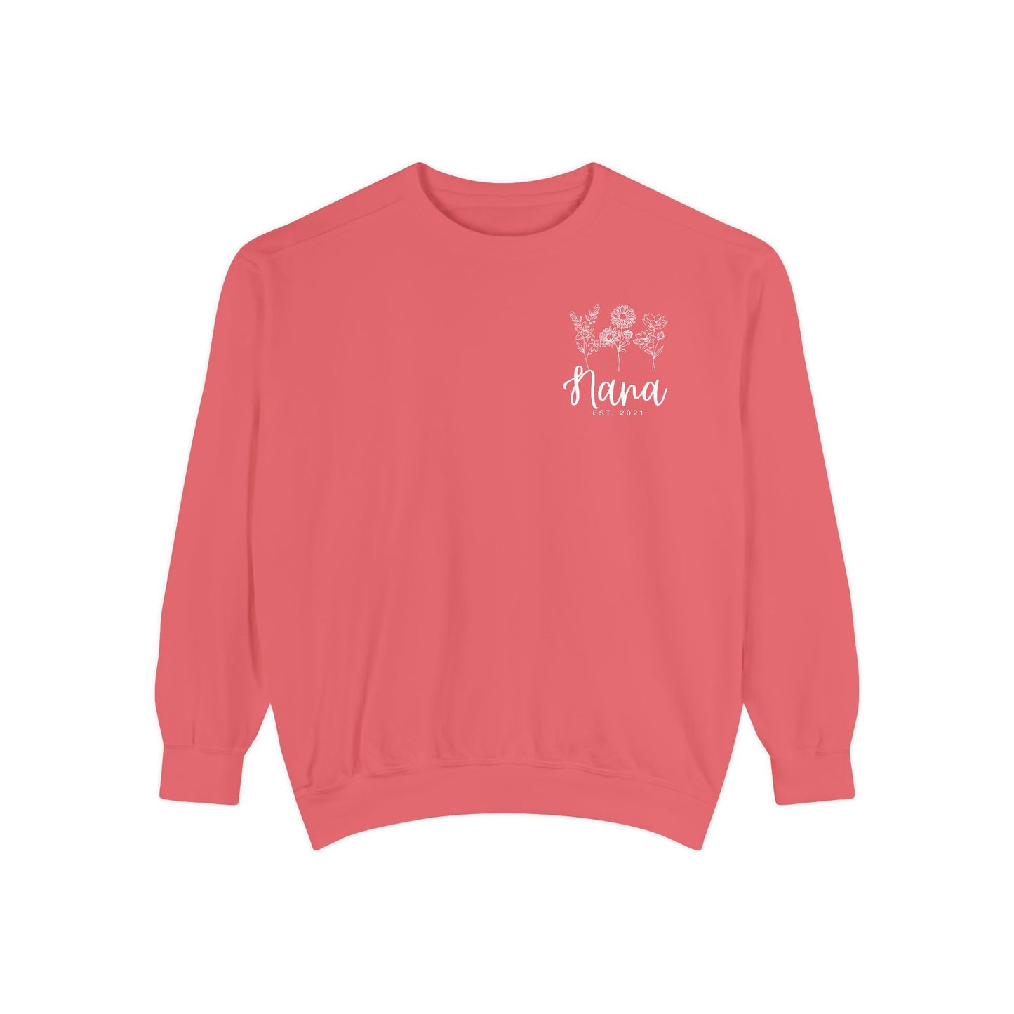 Screen Printed Design Mother's Day Crewneck Sweatshirt with Custom Printed Birth Flowers - Unisex Garment-Dyed Style- Multiple Colors