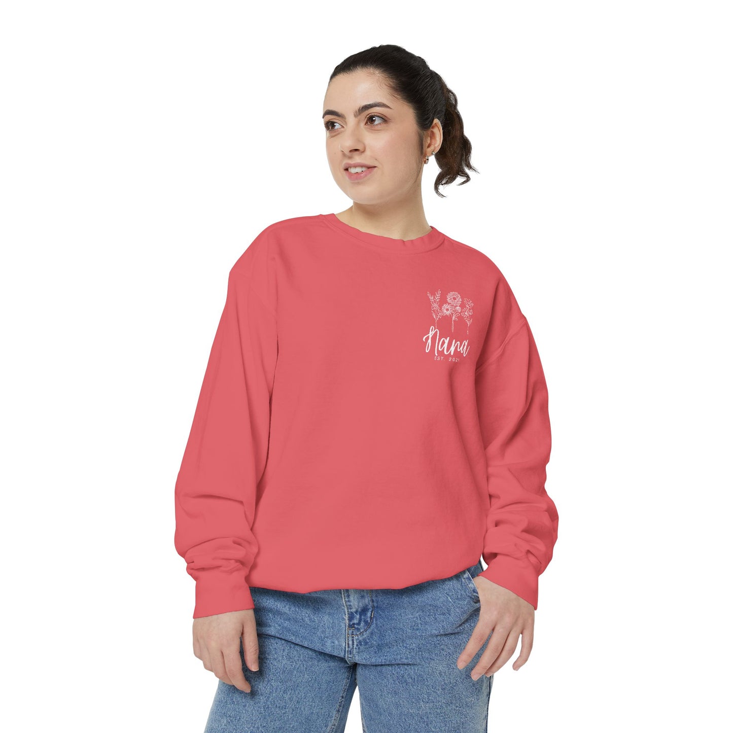 Screen Printed Design Mother's Day Crewneck Sweatshirt with Custom Printed Birth Flowers - Unisex Garment-Dyed Style- Multiple Colors