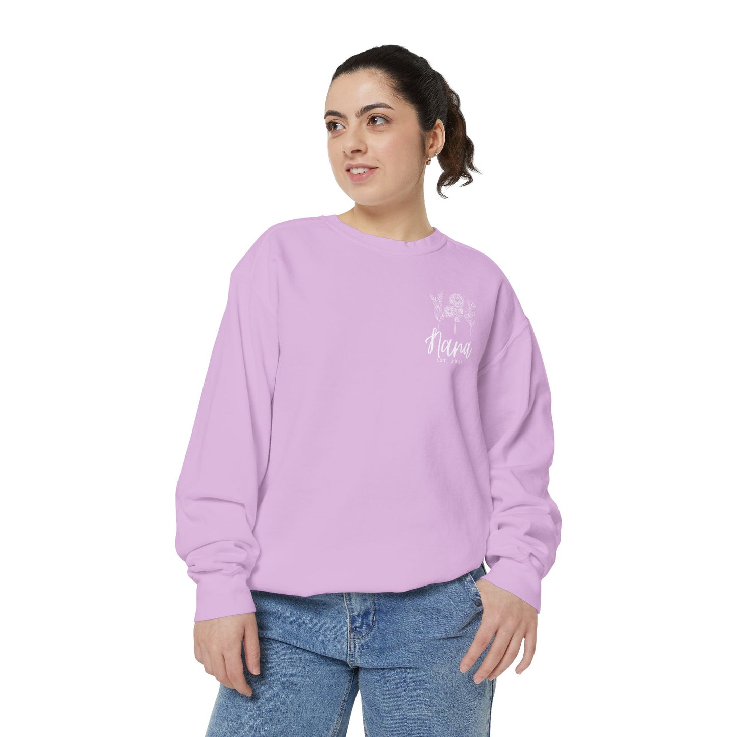 Screen Printed Design Mother's Day Crewneck Sweatshirt with Custom Printed Birth Flowers - Unisex Garment-Dyed Style- Multiple Colors