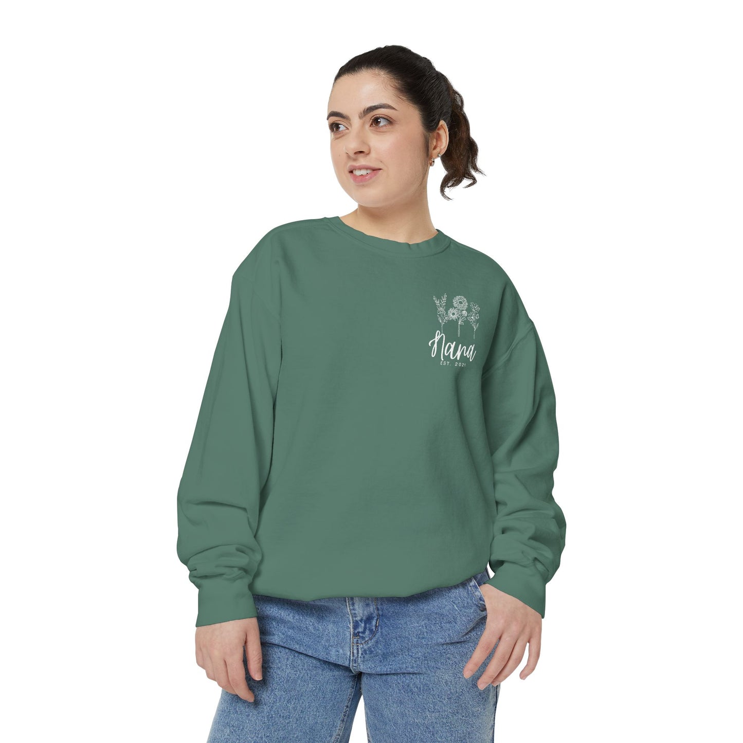 Screen Printed Design Mother's Day Crewneck Sweatshirt with Custom Printed Birth Flowers - Unisex Garment-Dyed Style- Multiple Colors
