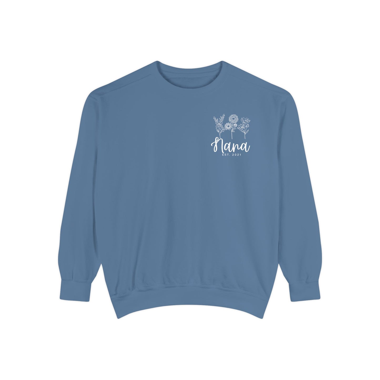 Screen Printed Design Mother's Day Crewneck Sweatshirt with Custom Printed Birth Flowers - Unisex Garment-Dyed Style- Multiple Colors