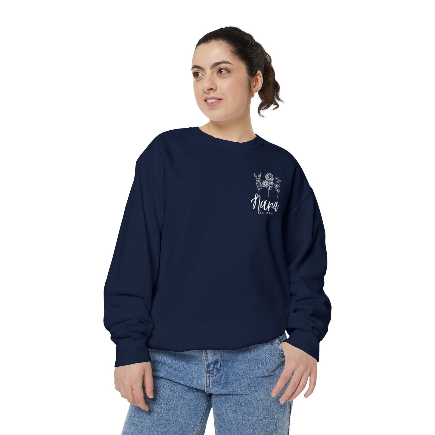 Screen Printed Design Mother's Day Crewneck Sweatshirt with Custom Printed Birth Flowers - Unisex Garment-Dyed Style- Multiple Colors