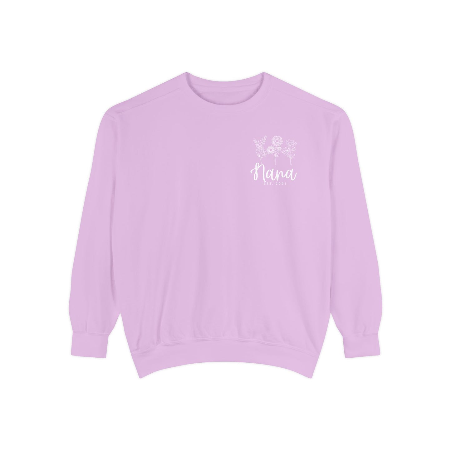 Screen Printed Design Mother's Day Crewneck Sweatshirt with Custom Printed Birth Flowers - Unisex Garment-Dyed Style- Multiple Colors