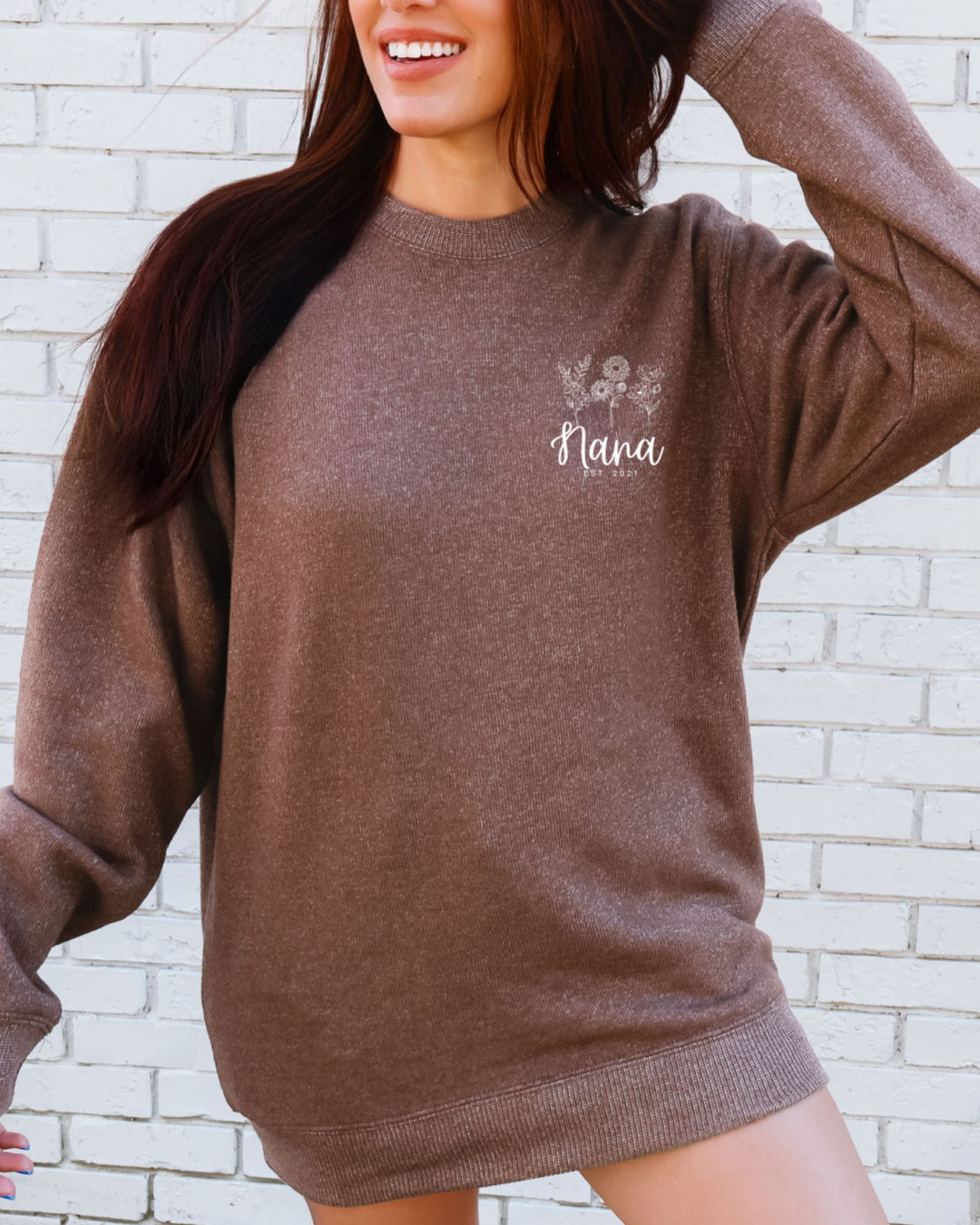Mothers Day Sweatshirt, Embroidered Birth Flowers- Blue and Brown Sweatshirt