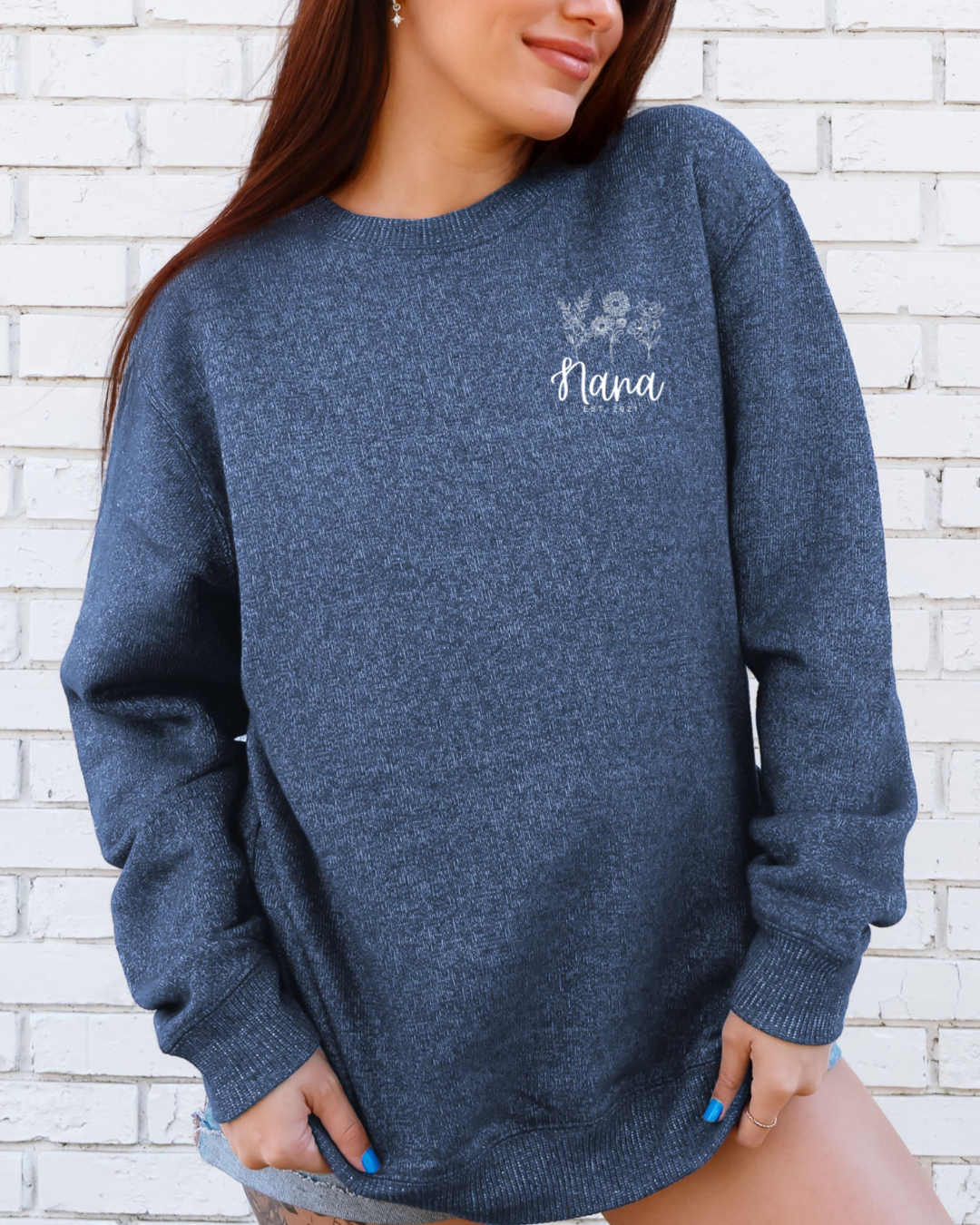 Mothers Day Sweatshirt, Embroidered Birth Flowers- Blue and Brown Sweatshirt