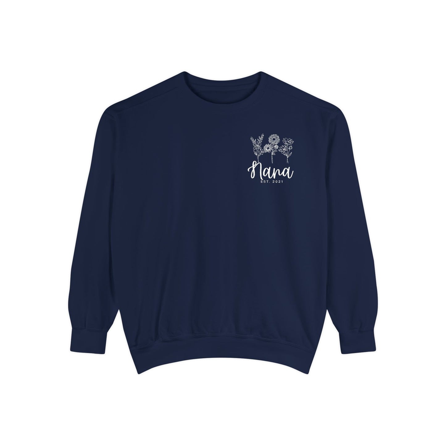 Screen Printed Design Mother's Day Crewneck Sweatshirt with Custom Printed Birth Flowers - Unisex Garment-Dyed Style- Multiple Colors