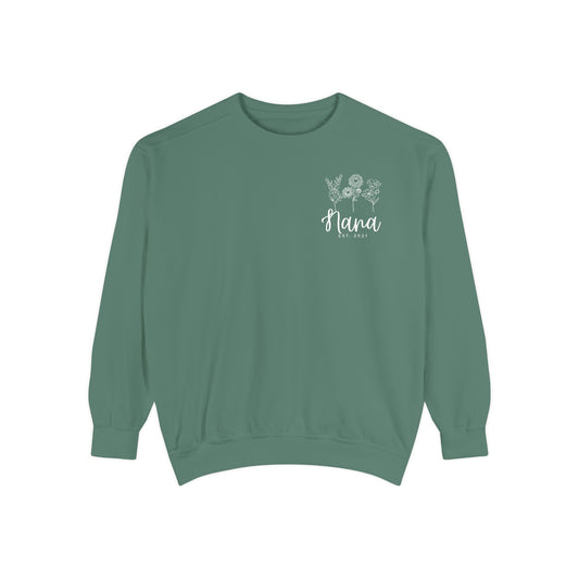 Screen Printed Design Mother's Day Crewneck Sweatshirt with Custom Printed Birth Flowers - Unisex Garment-Dyed Style- Multiple Colors