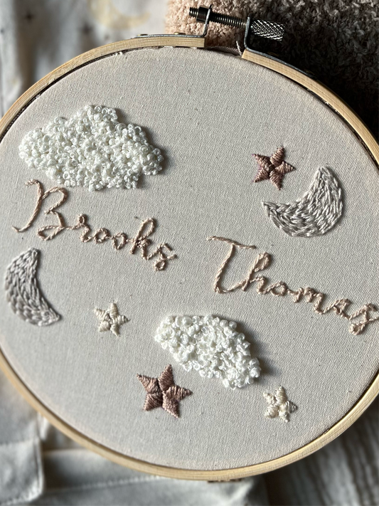 Custom Name Embroidery Hoop: Moon and Stars | Baby Name Sign | Baby Announcement