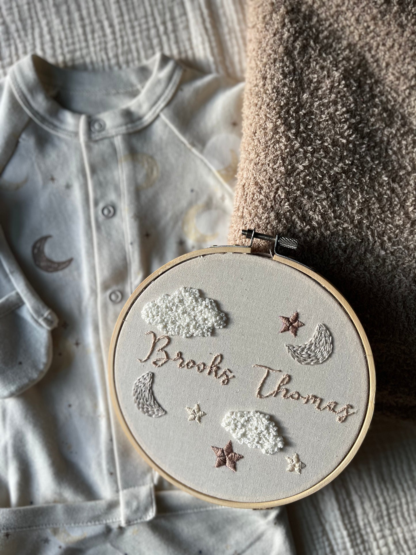 Custom Name Embroidery Hoop: Moon and Stars | Baby Name Sign | Baby Announcement