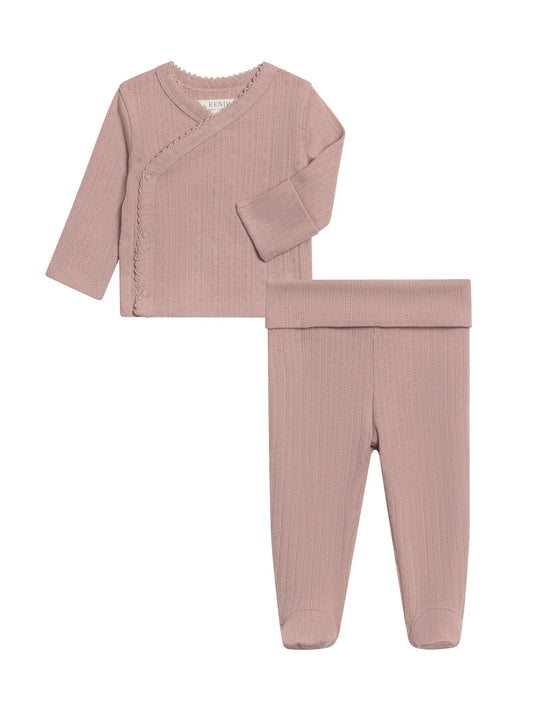 2-Piece Lacey Pointelle Kimono Top & Pant Set - Wren